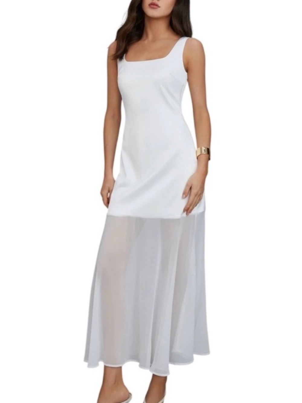 Commense White Minimalist Maxi Dress Sheer Hem Bridal Small NWT